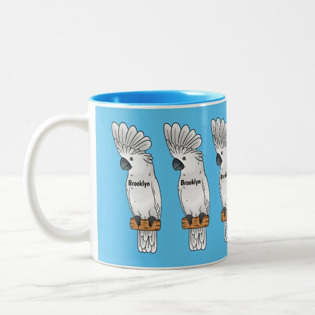 Umbrella cockatoo bird cartoon illustration Two-Tone coffee mug (Left)