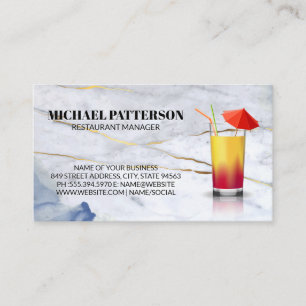 Umbrella Cocktail Blue Gold Marble Business Card