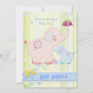 Umbrella Elephants Baby Boy Baby Shower Invitation