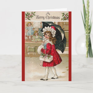Umbrella Girl Vintage Christmas Card