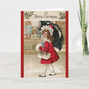 Umbrella Girl Vintage Christmas Card