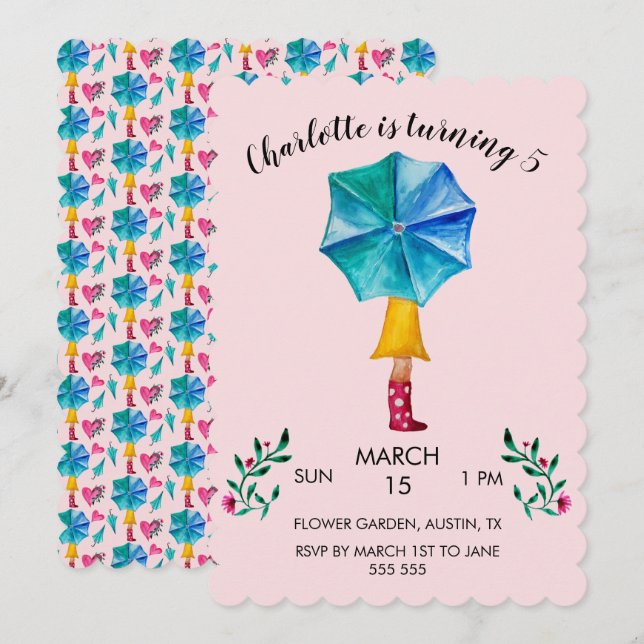 Umbrella Girl Watercolor Hearts Holiday Card (Front/Back)