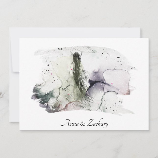 *~* Umbrella Japan Woman RSVP   QR AR27 Wedding Invitation (Front)