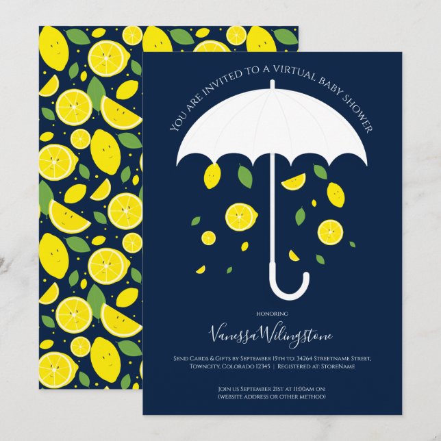 Umbrella Lemons Blue White Virtual Baby Shower Invitation (Front/Back)