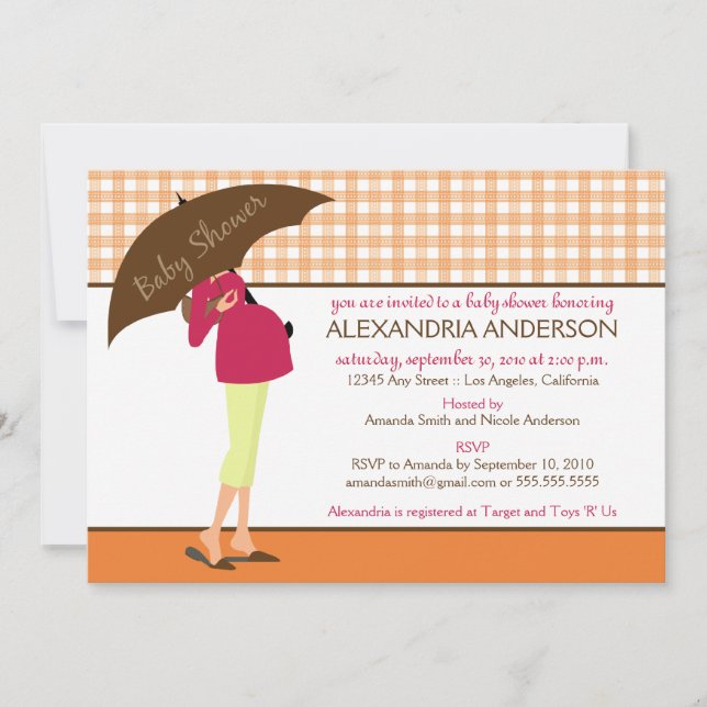 Umbrella Mummy Gingham Baby Shower Invite (orange) (Front)