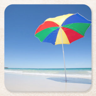 Umbrella On Beach Australia Square Paper Coaster