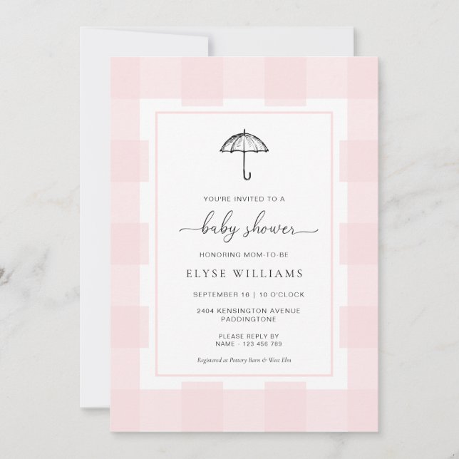 Umbrella Pink Gingham Baby Shower Invitation (Front)