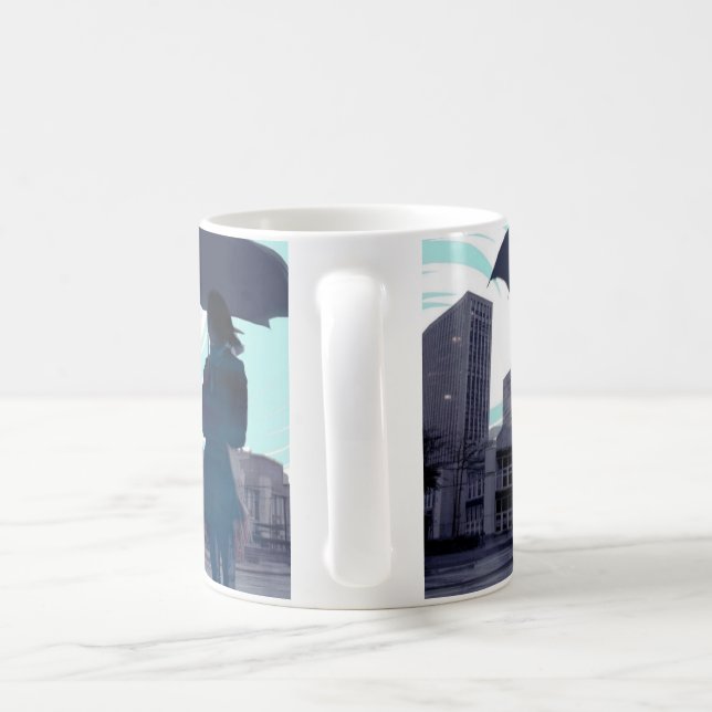 Umbrella Silhouette in the Rain Blue Coffee Mug (Handle)
