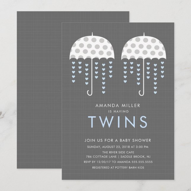 Umbrella TWINS Boys Baby Shower Invitation (Front/Back)