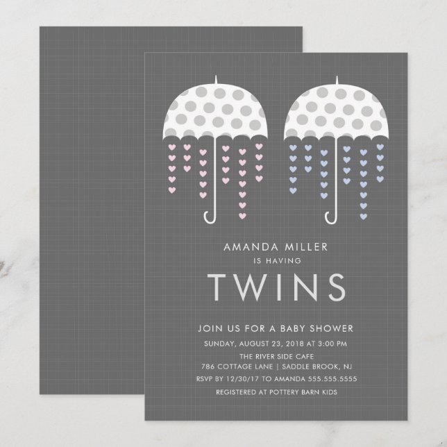 Umbrella TWINS Girl Boy Baby Shower Invitation (Front/Back)
