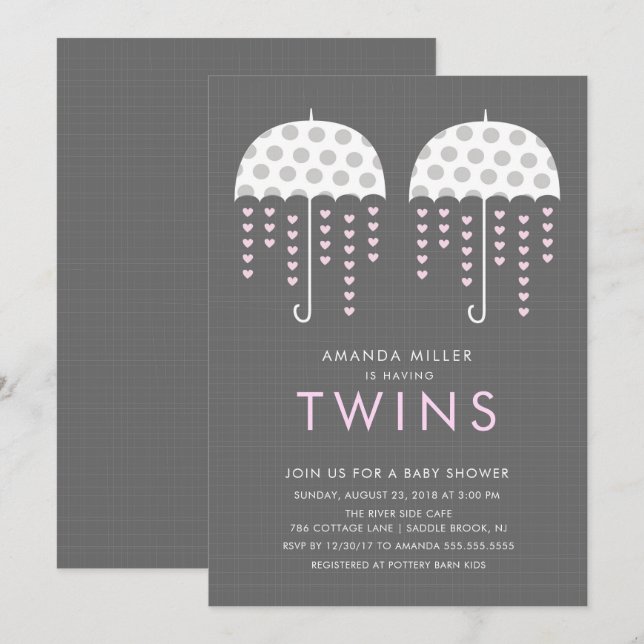 Umbrella TWINS Girls Baby Shower Invitation (Front/Back)