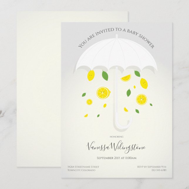 Umbrella White Grey Lemons Cartoon Baby Shower Invitation (Front/Back)