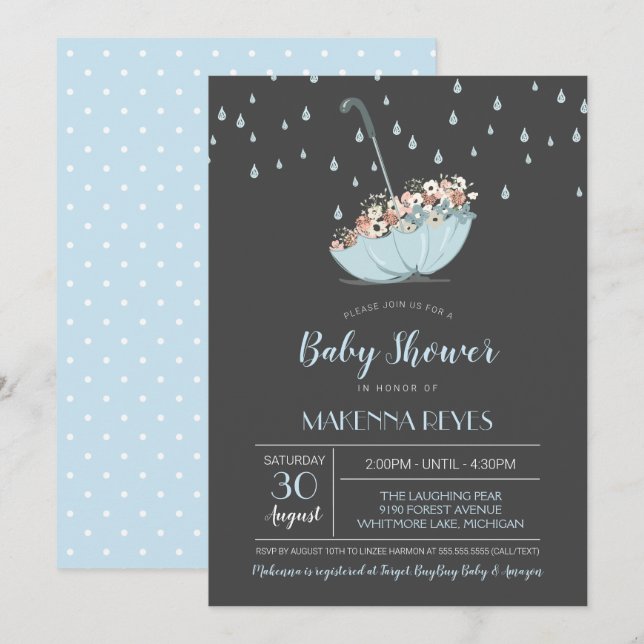 Umbrella with Flowers Boy or Neutral Baby Shower Invitation (Front/Back)