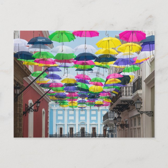 Umbrellas Above San Juan Streets and Mansion Holid Holiday Postcard (Front)