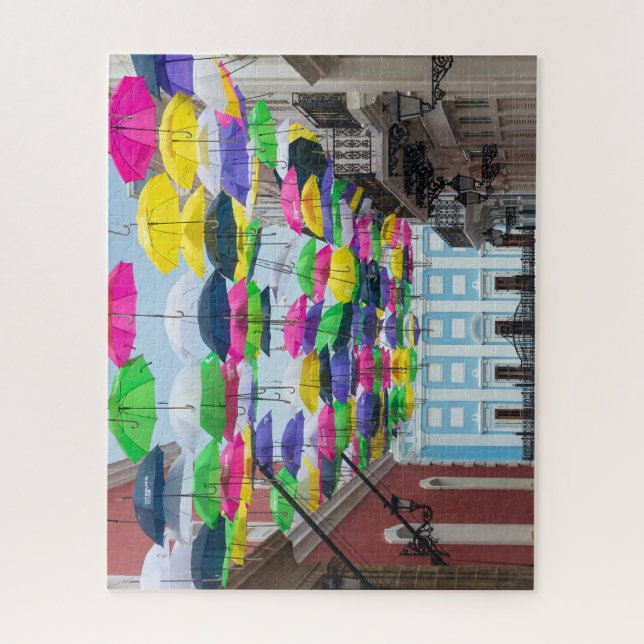 Umbrellas Above San Juan Streets and Mansion Jigsaw Puzzle (Vertical)