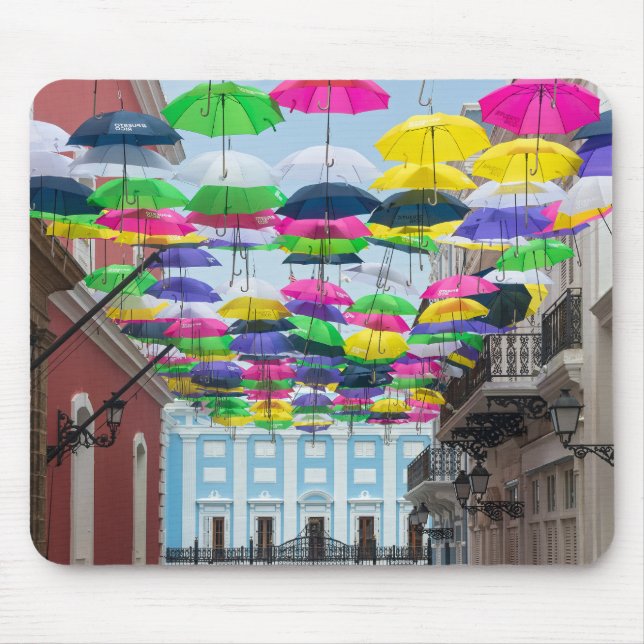 Umbrellas Above San Juan Streets and Mansion Mouse Mat (Front)