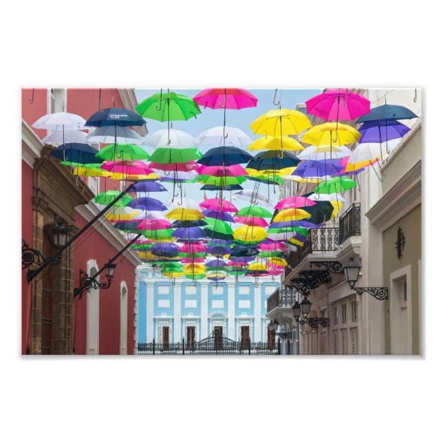 Umbrellas Above San Juan Streets and Mansion Photo Print (Front)
