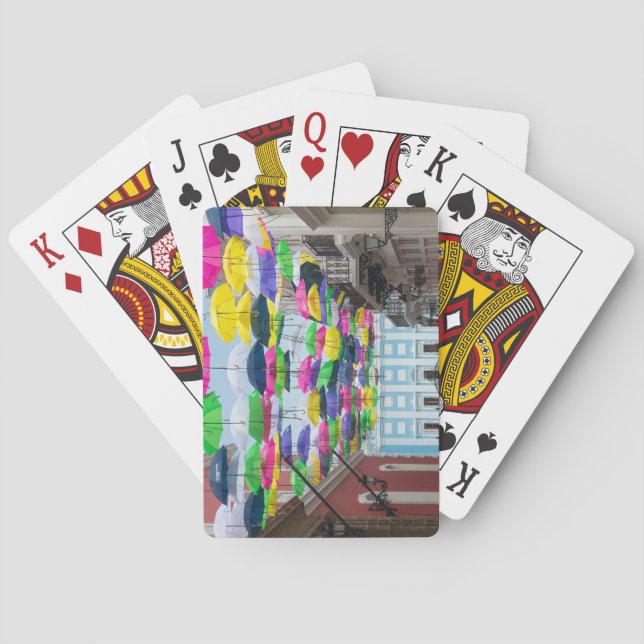 Umbrellas Above San Juan Streets and Mansion Playing Cards (Back)