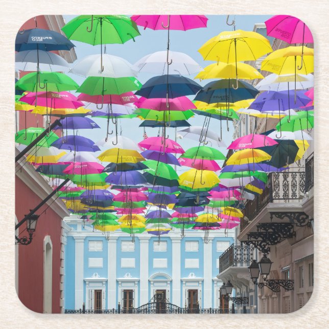 Umbrellas Above San Juan Streets and Mansion Square Paper Coaster (Front)