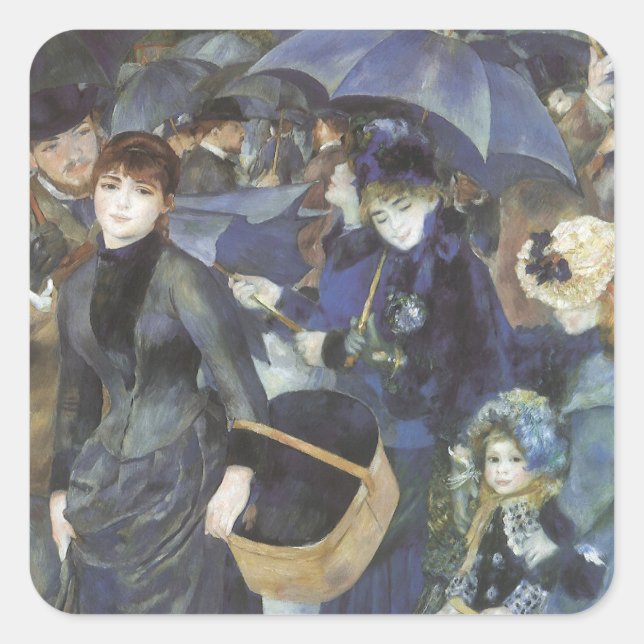 Umbrellas by Pierre Renoir, Vintage Impressionism Square Sticker (Front)