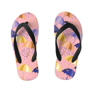 Umbrellas, drops, colorful seamless motif. kid's flip flops