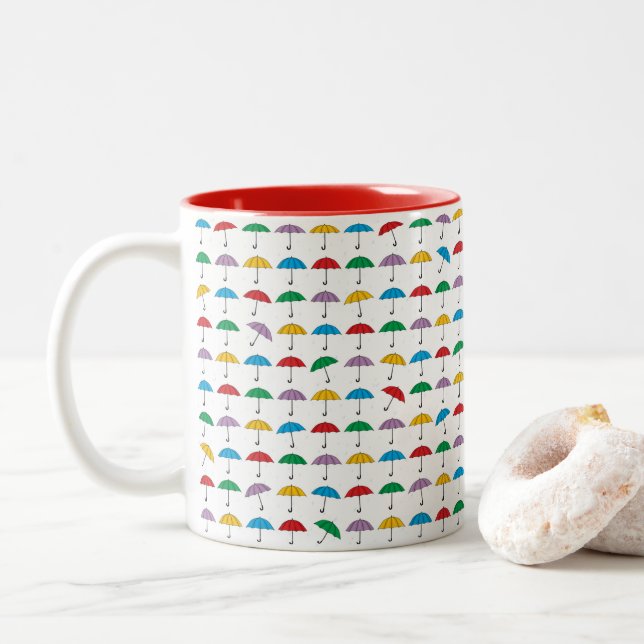 Umbrellas in Rain Two-Tone Coffee Mug (With Donut)