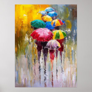Umbrellas In The Rain Painting Art Print Poster