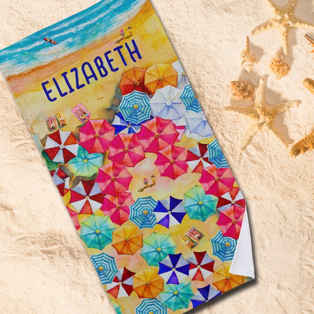 Umbrellas in the Sand Beach Towel (Umbrellas in the Sand personalized beach towel)