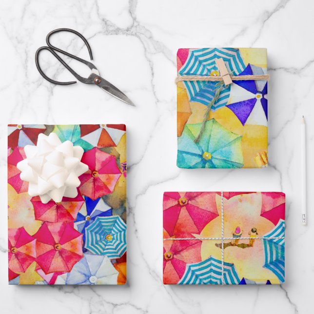 Umbrellas in the Sand Beach Wrapping Paper Sheet (Front)