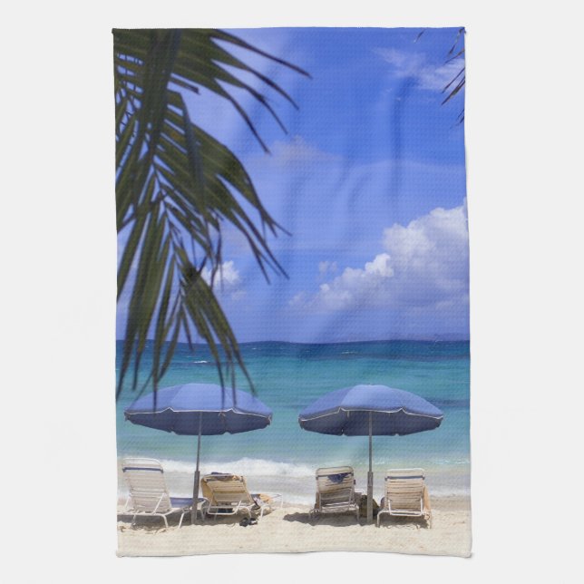 umbrellas on beach, St. Maarten, Caribbean Tea Towel (Vertical)