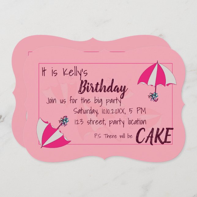 Umbrellas Pink Birthday Invitation (Front/Back)