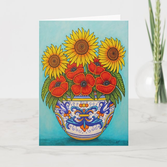 Umbria Bouquet Poppy Sunflower Greeting Card (Front)