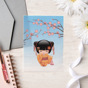 Ume Kokeshi Doll Japanese Geisha Blue Insert Vellum Invitations