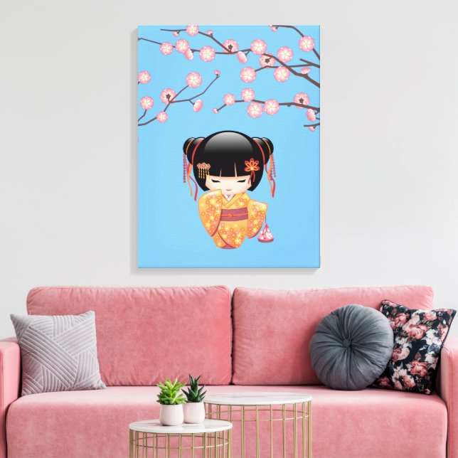 Ume Kokeshi Doll - Japanese Geisha Girl Blue Canvas Print (Insitu(LivingRoom))
