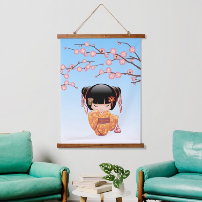 Ume Kokeshi Doll - Japanese Geisha Girl Blue Hanging Tapestry (Living Room)