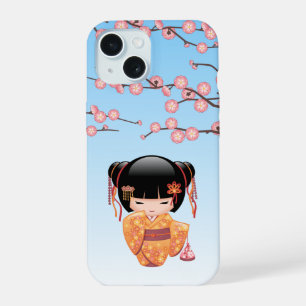 Ume Kokeshi Doll - Japanese Geisha Girl Blue iPhone 15 Case