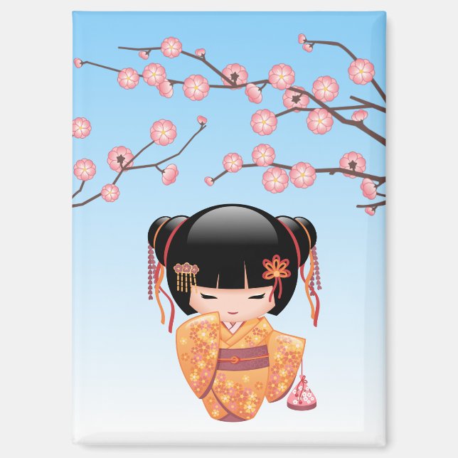 Ume Kokeshi Doll - Japanese Geisha Girl Blue Magnet (Front)