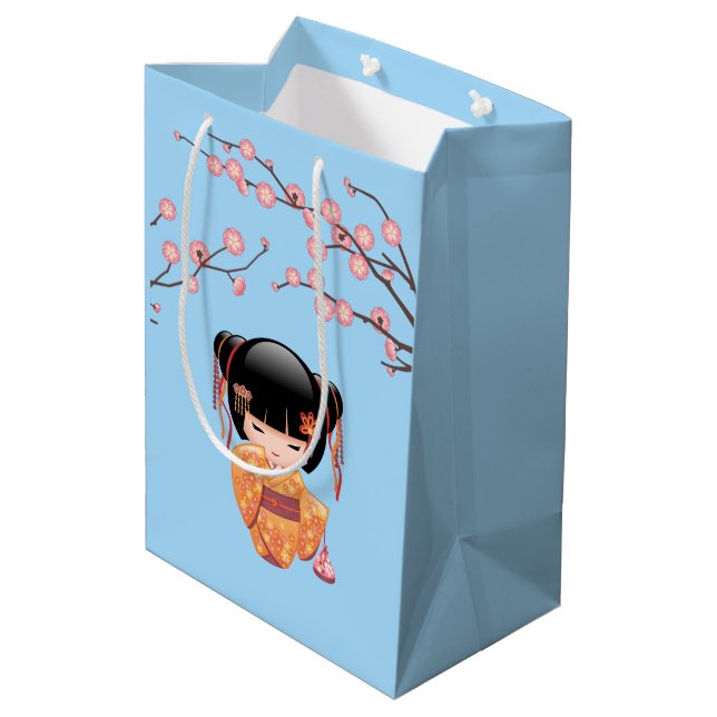 Ume Kokeshi Doll Japanese Geisha Girl Blue Medium Gift Bag (Back Angled)