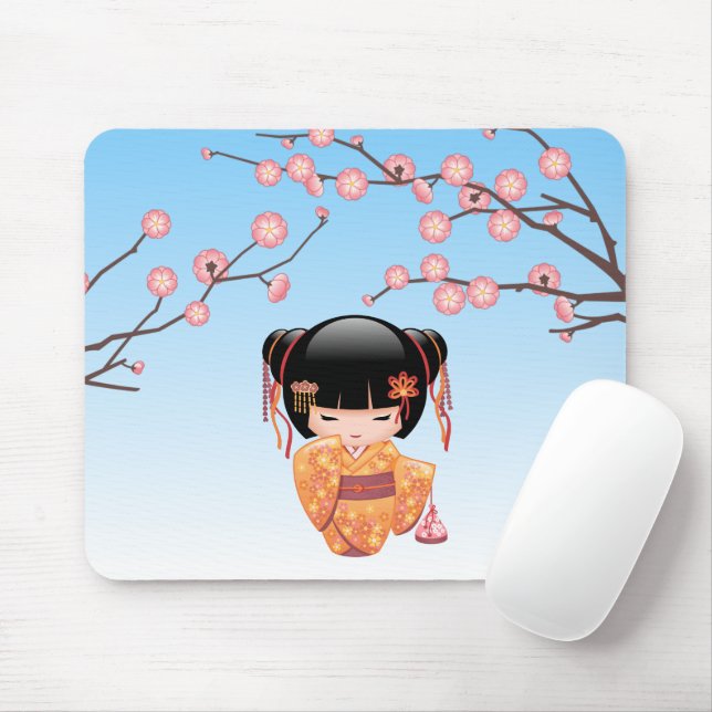 Ume Kokeshi Doll - Japanese Geisha Girl Blue Mouse Mat (With Mouse)