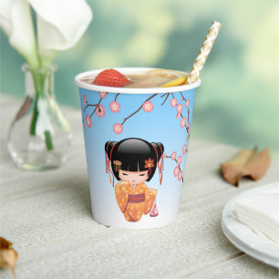 Ume Kokeshi Doll - Japanese Geisha Girl Blue Paper Cups