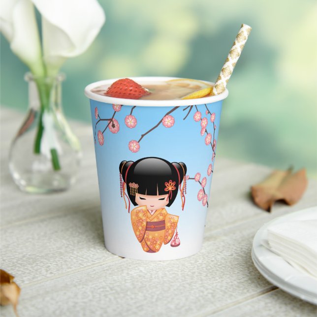 Ume Kokeshi Doll - Japanese Geisha Girl Blue Paper Cups (Insitu)