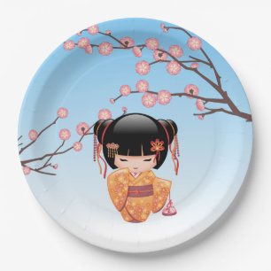 Ume Kokeshi Doll - Japanese Geisha Girl Blue Paper Plate
