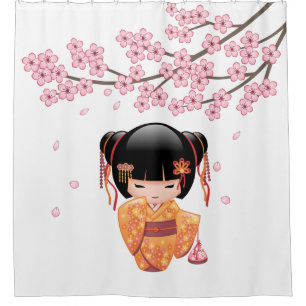 Ume Kokeshi Doll Japanese Geisha Girl Shower Curtain