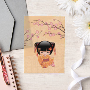 Ume Kokeshi Doll Japanese Geisha Yellow Insert Vellum Invitations