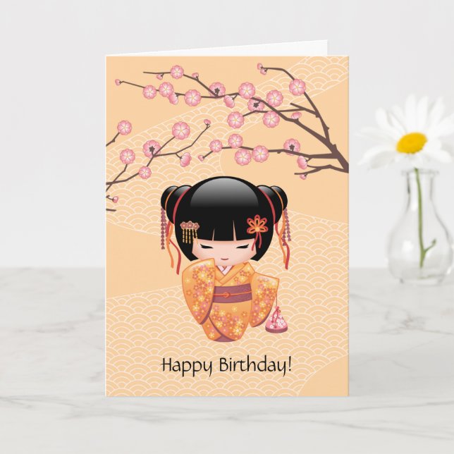 Ume Kokeshi Doll - Japanese Peach Geisha Birthday Card (Small Plant)