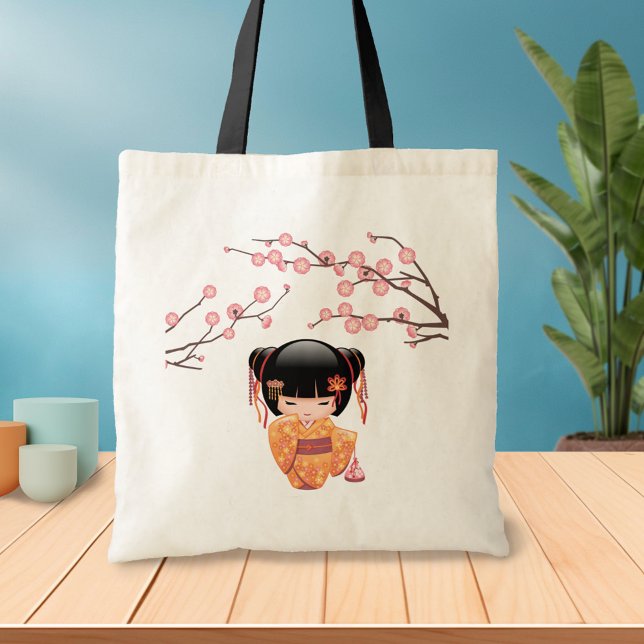 Ume Kokeshi Doll - Japanese Peach Geisha Girl 3 Tote Bag (Creator Uploaded)