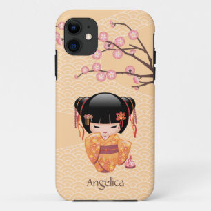 Ume Kokeshi Doll - Japanese Peach Geisha Girl iPhone 11 Case