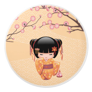 Ume Kokeshi Doll - Japanese Peach Geisha Girl Ceramic Knob
