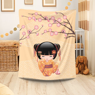 Ume Kokeshi Doll - Japanese Peach Geisha Girl Fleece Blanket