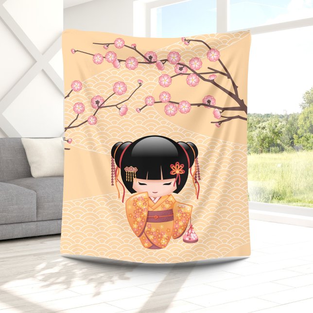 Ume Kokeshi Doll - Japanese Peach Geisha Girl Fleece Blanket (Creator Uploaded)